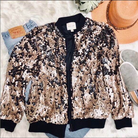 UO Urban Outfitters Black Bronze Gold Matte Lex Sequin Satin Bomber Jacket M - Picture 5 of 9